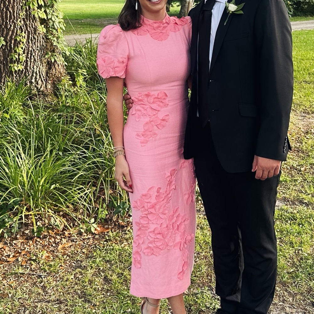 ANTONIO MELANI Pink Floral Applique Midi Dress